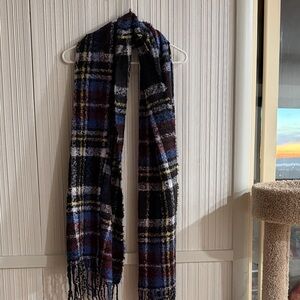 Plaid Fringe Scarf in Black, Blue, and Red